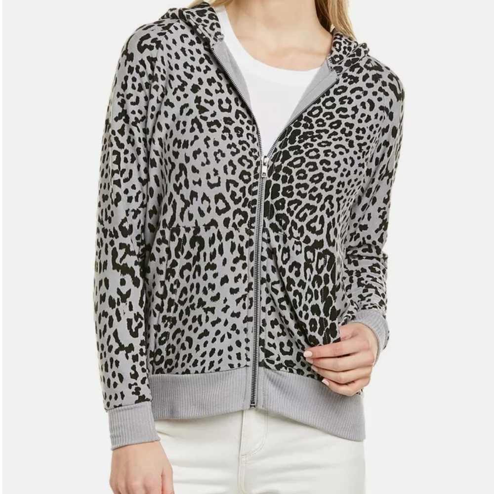 Chaser Grey Cozy Leopard Zip Up Hoodie Jacket